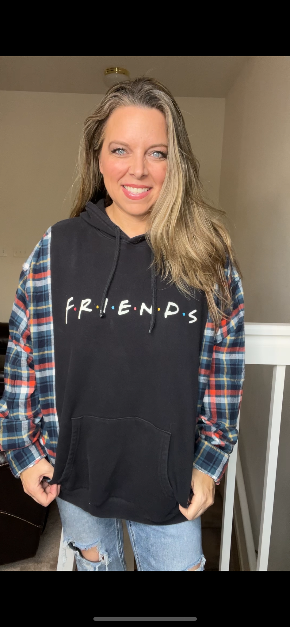 Upcycled Friends - woman's 3X midweight sweatshirt with flannel sleeves