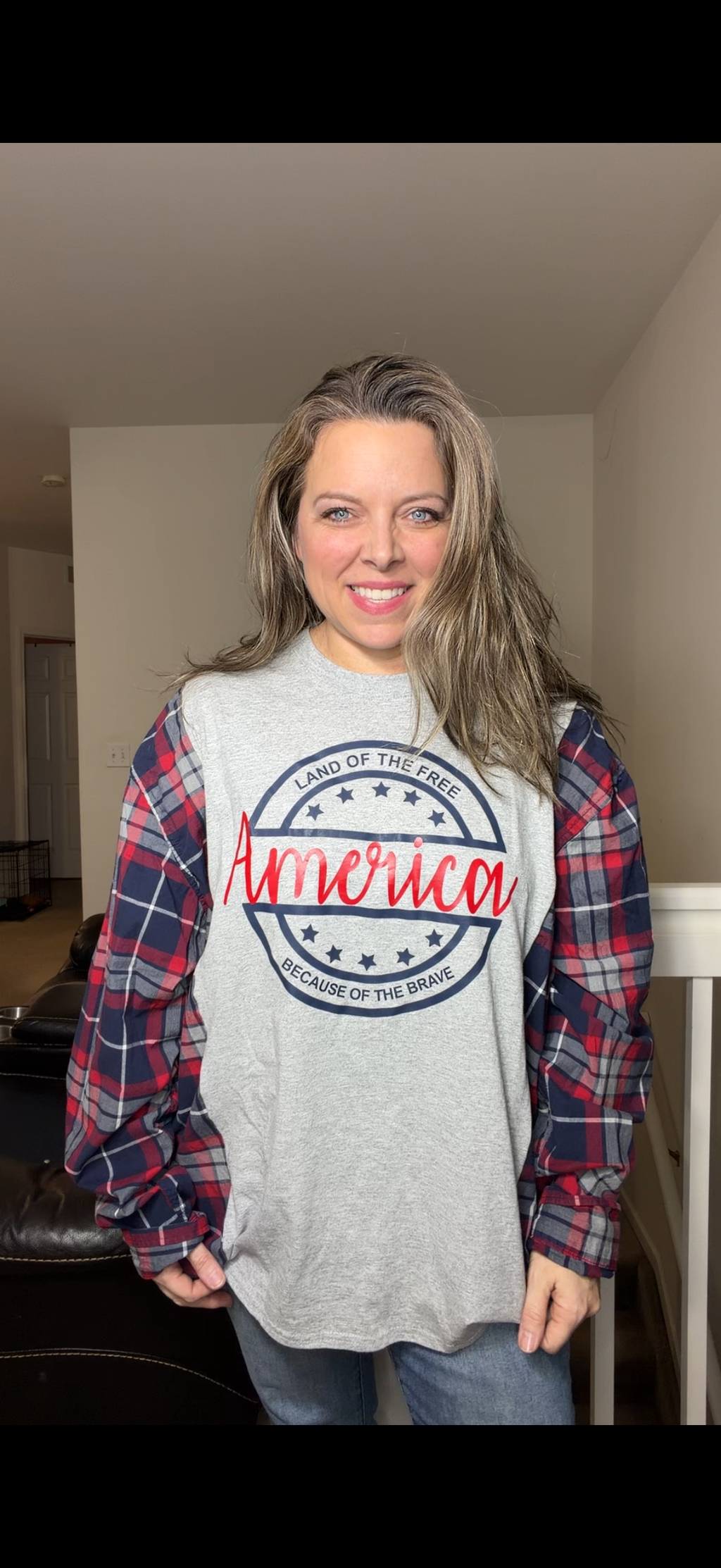 Upcycled America - women's 2X/3X T-shirt with cotton sleeves
