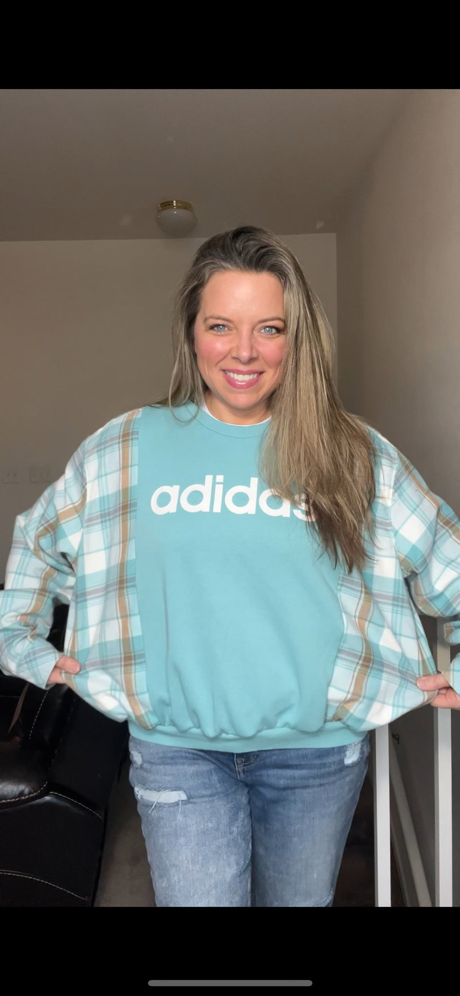 Upcycled Aqua Adidas – women’s S/M – thin french terry sweatshirt with thick cotton lined flannel sleeves ￼