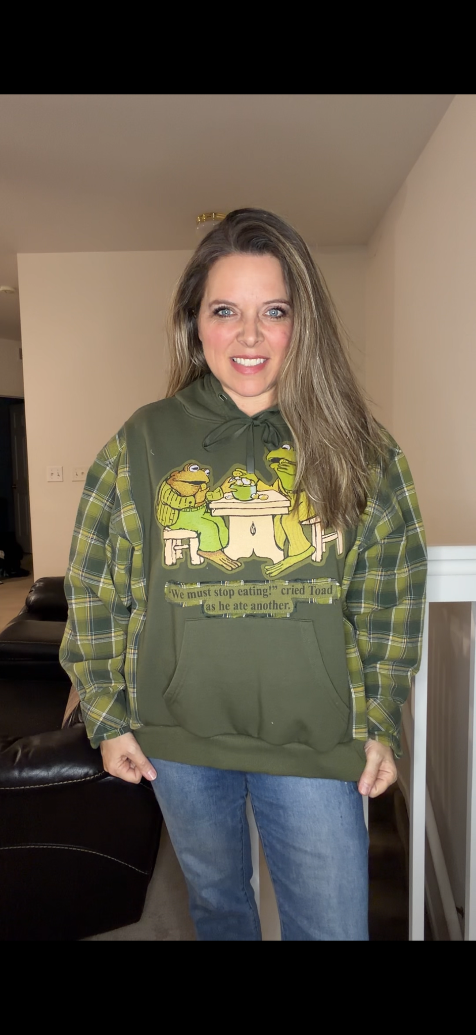 Upcycled Frog and Toad - women's large/XL midweight sweatshirt with flannel sleeves ￼