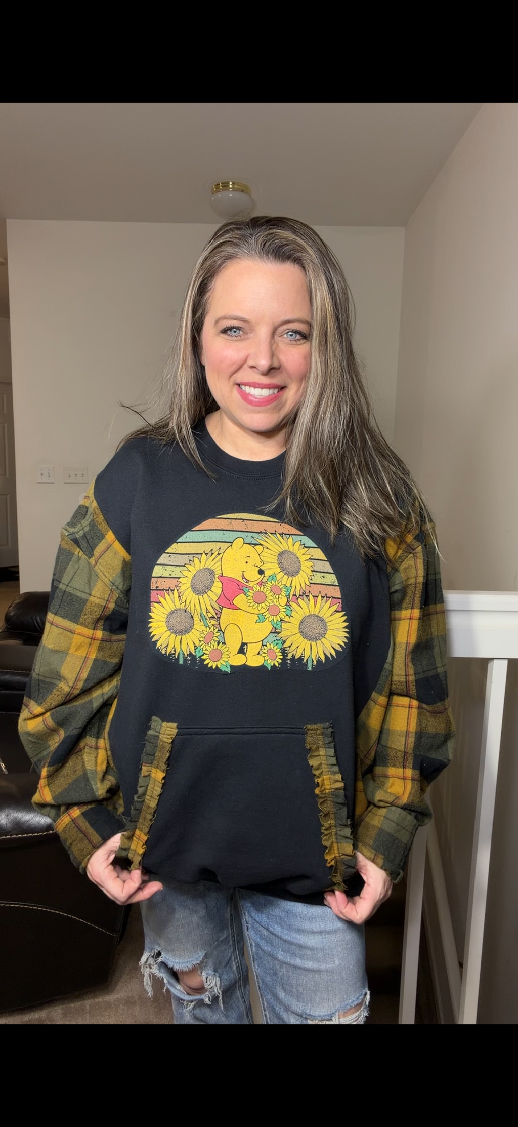 Upcycled Pooh Sunflowers – women's 3X/4X midweight sweatshirt with flannel sleeves