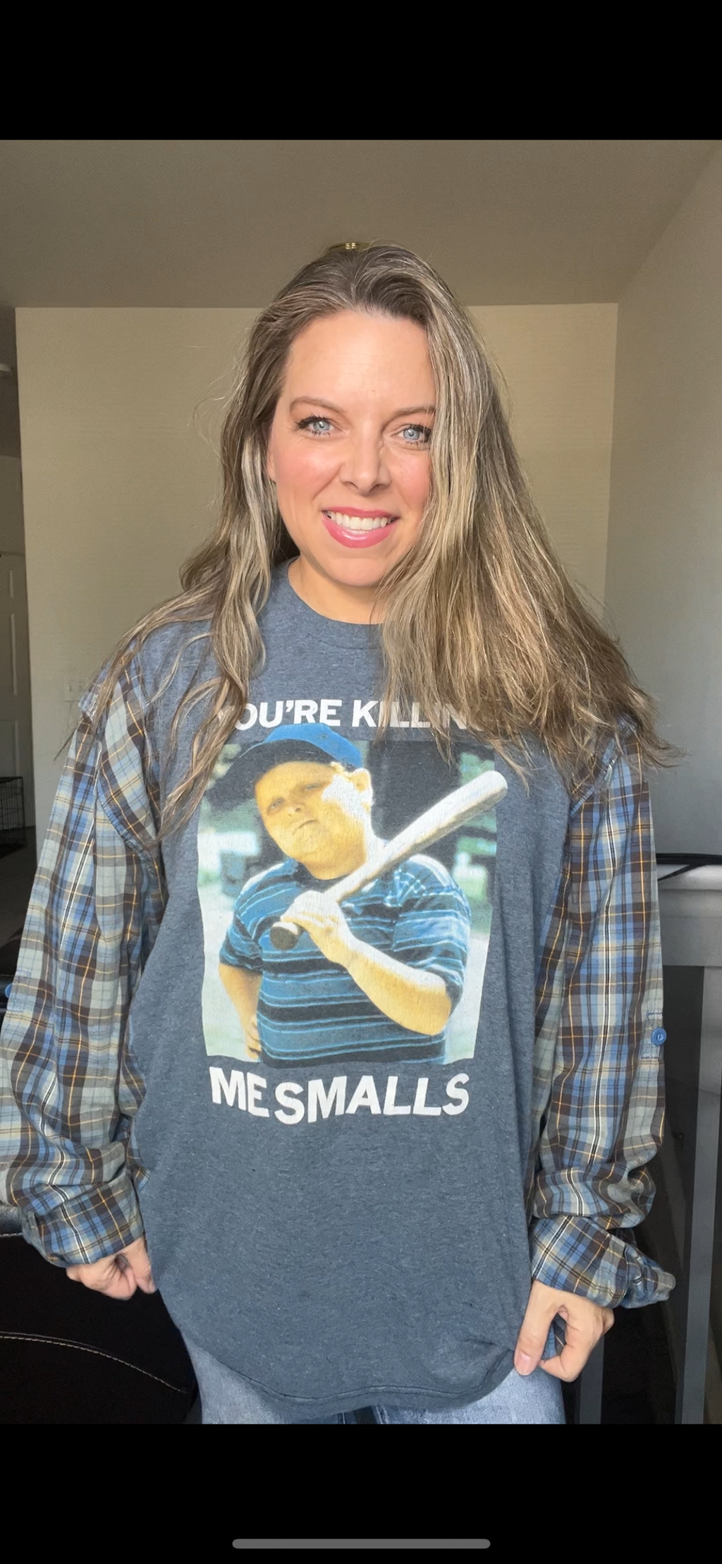 Upcycled Smalls – women’s 3X/4X T-shirt with flannel sleeves