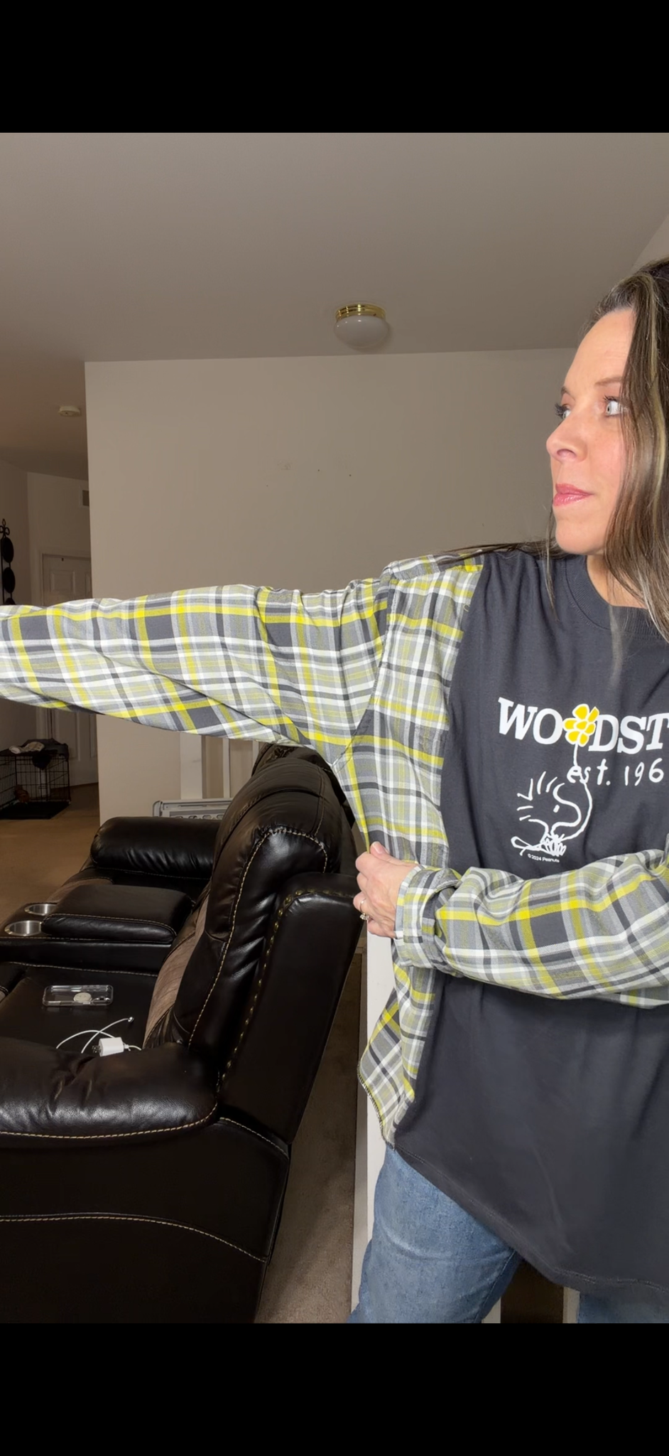 Upcycled Woodstock - women's 2X T-shirt with flannel sleeves