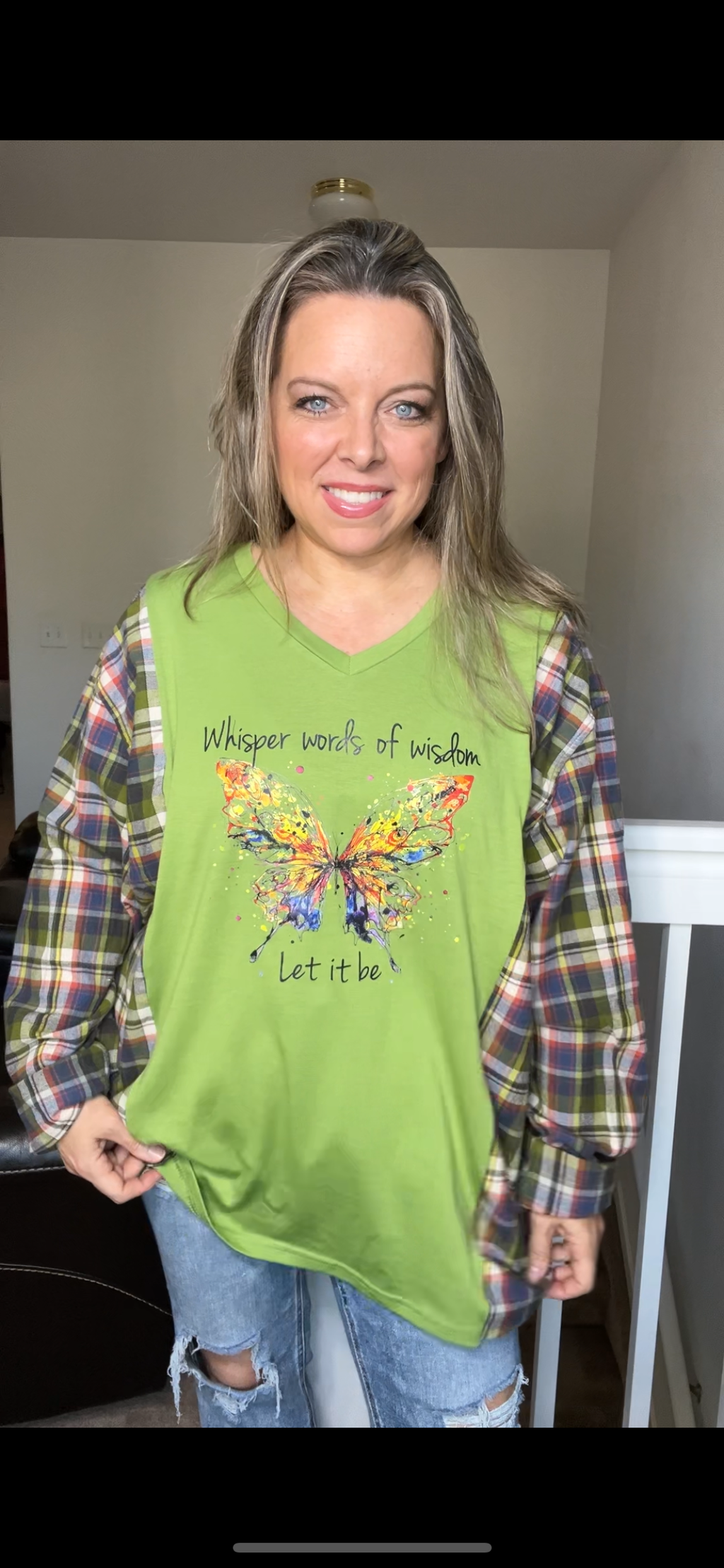 Upcycled Butterfly – women’s 2X/3X thin T-shirt with flannel sleeves
