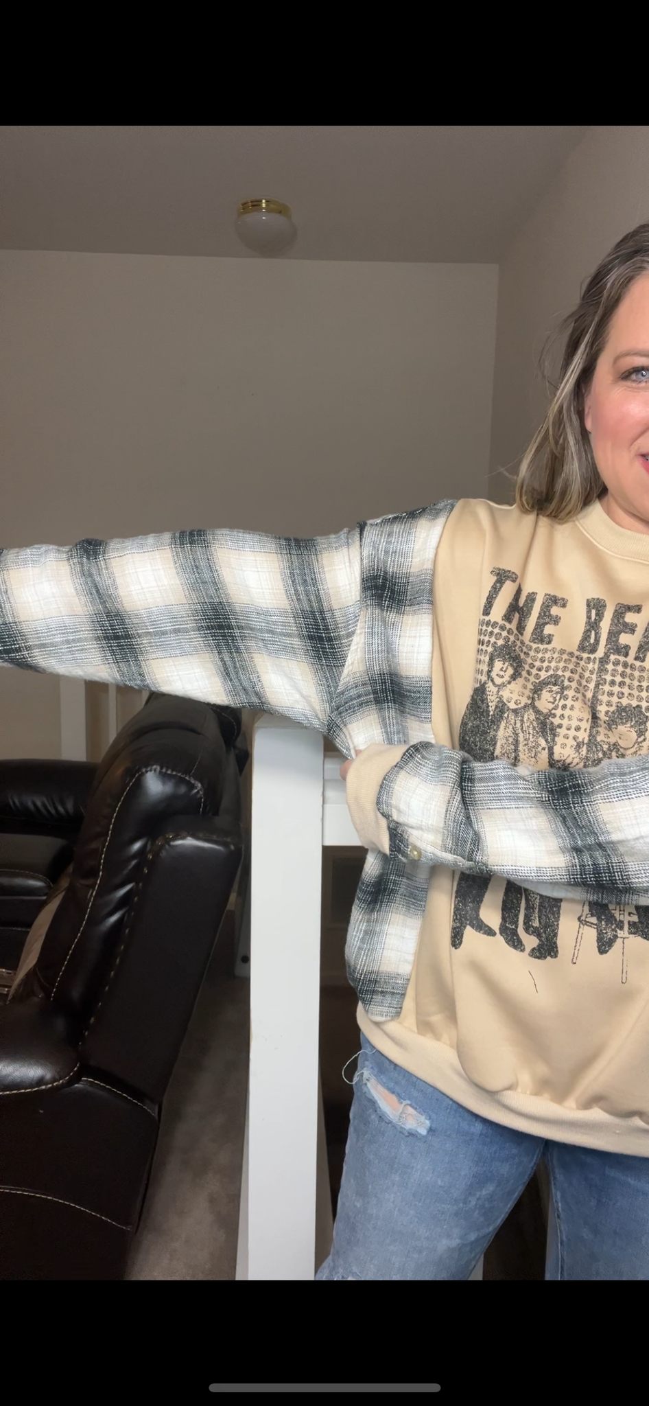 Upcycled Beatles – women’s 2X – midweight sweatshirt with flannel sleeves