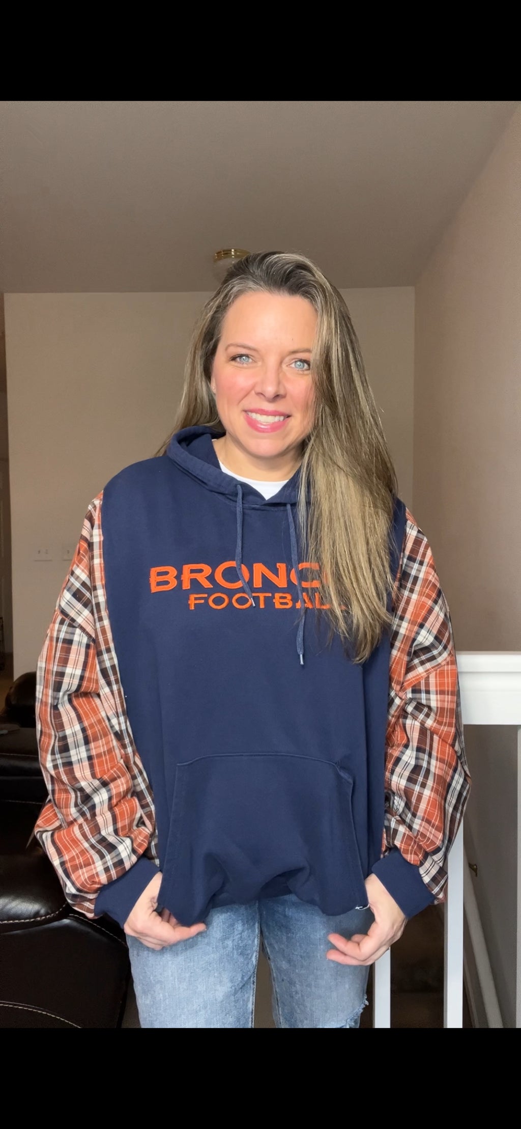Denver Broncos - woman’s XL - midweight sweatshirt with cotton dress shirt sleeves