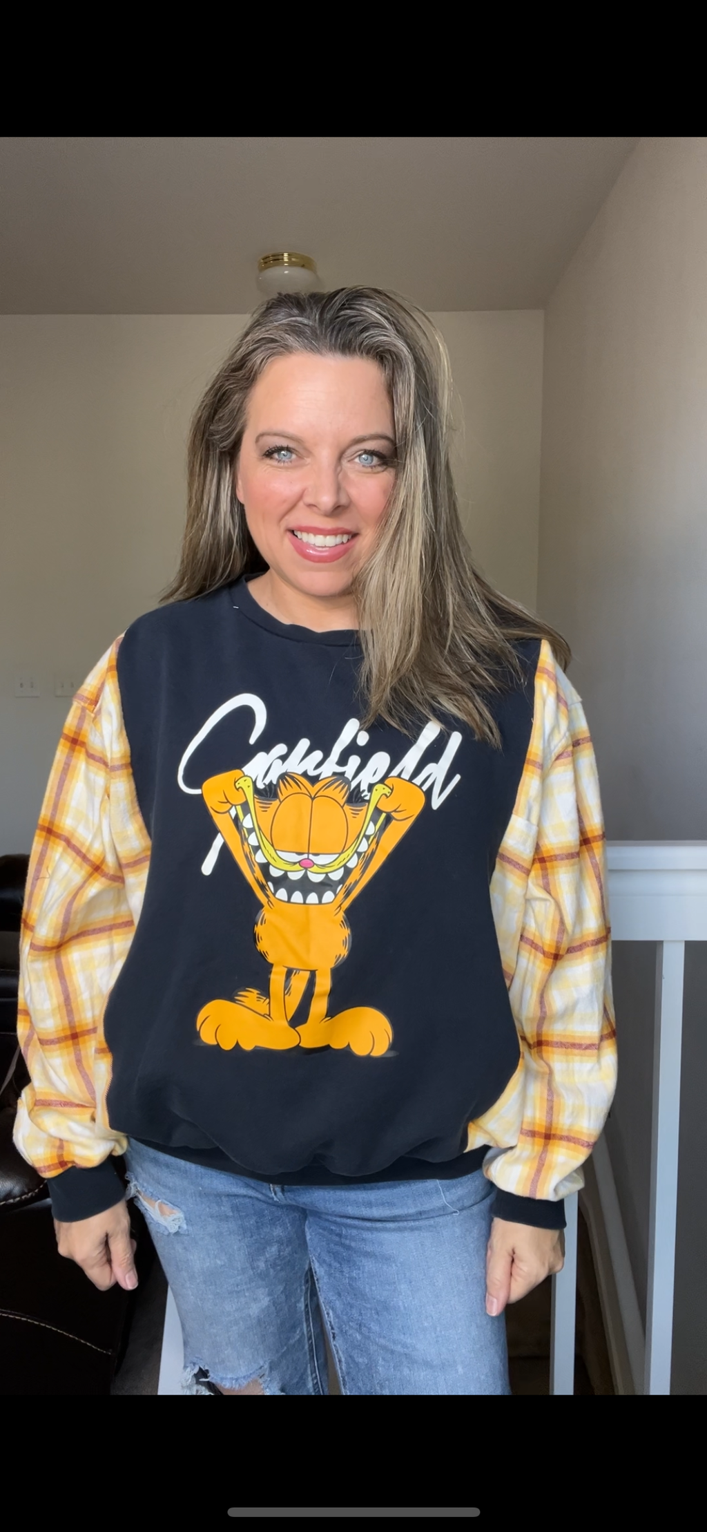 Upcycled Garfield – women’s small/medium midweight sweatshirts with flannel sleeves