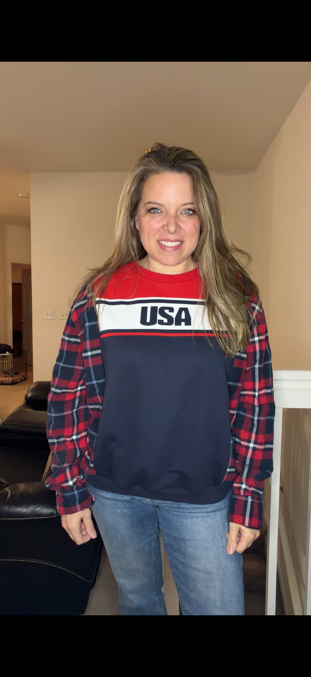 Upcycled USA - woman's small - textured shirt with flannel sleeves