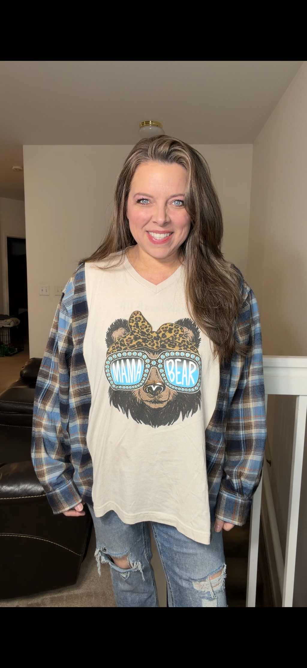 Upcycled Mama Bear - women's 2X T-shirt with flannel sleeves ￼