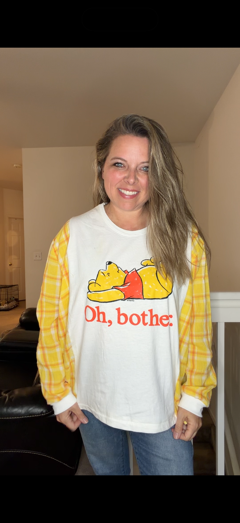 Upcycled Pooh - women's XL/1X T-shirt with thin linen sleeves