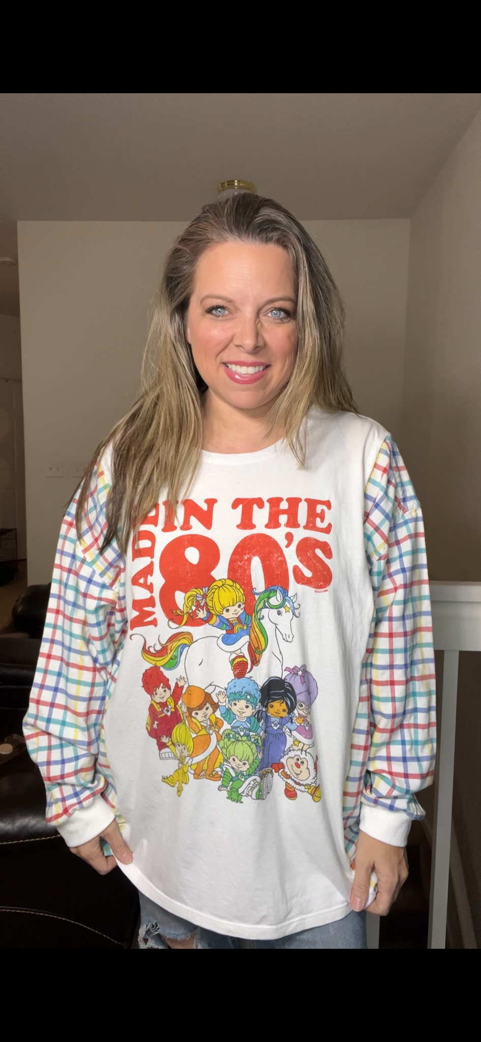 Upcycled Rainbow Brite – women’s 2X T-shirt with cotton sleeves