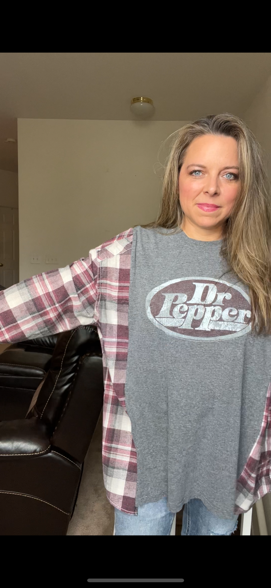 Upcycled Dr Pepper – women’s 2X/3X – thin t-shirt with flannel sleeves￼