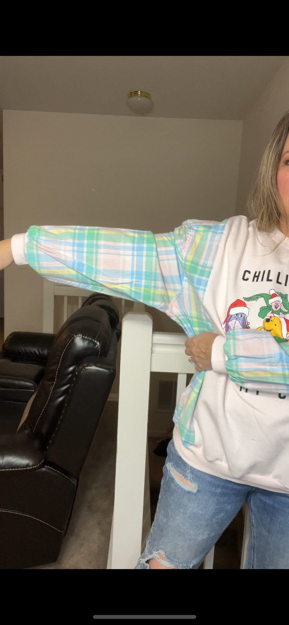Upcycled Pooh – women’s medium/large – midweight sweatshirt with flannel sleeves