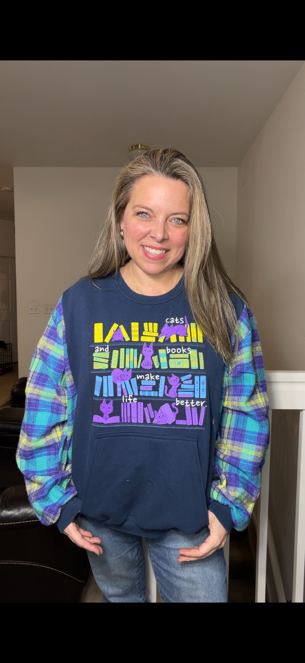 Upcycled Cats and Books - women's large midweight sweatshirt with thick flannel sleeves
