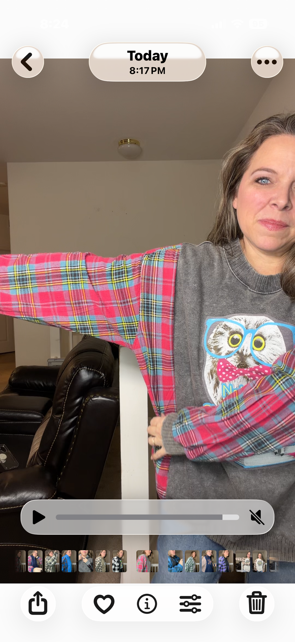 Upcycled Owl - women's 3X midweight sweatshirt with flannel sleeves