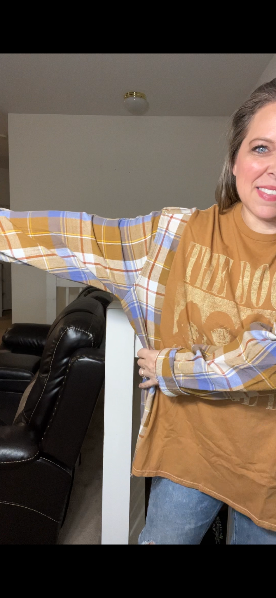 Upcycled Doors – women’s 2X T-shirt with flannel sleeves