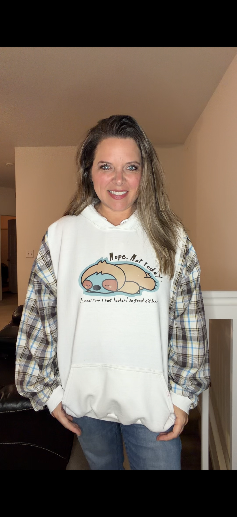 Upcycled Sloth - women's 2X midweight sweatshirt with flannel sleeves