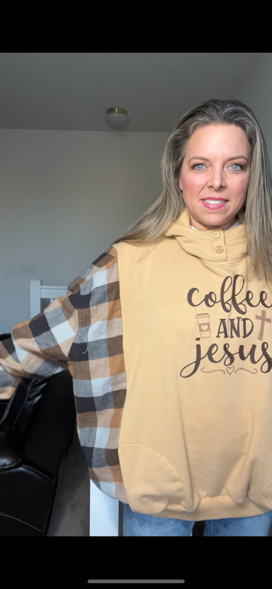 Upcycled Coffee and Jesus – woman’s 2X/3X – soft thick sweatshirt with flannel sleeves￼