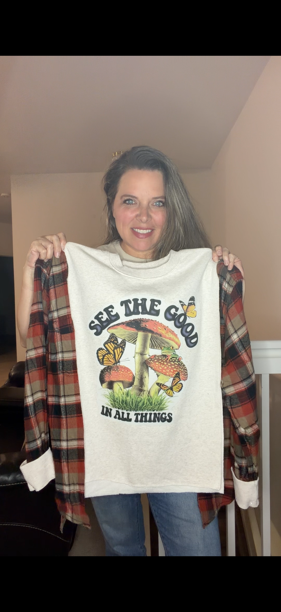 Upcycled See Good - pick size between woman's XS/2X - midweight Sweatshirt with flannel sleeves
