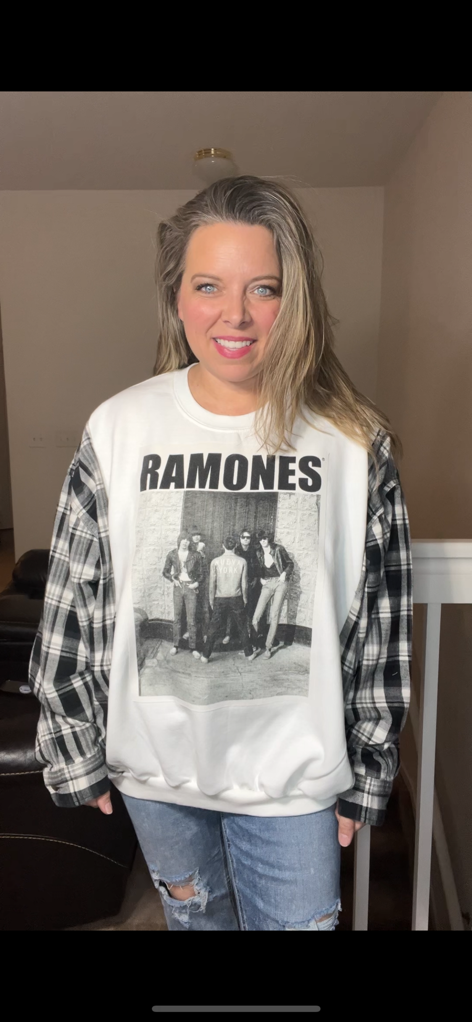 Upcycled Ramones - Women’s 1X/2X – midweight sweatshirt with flannel sleeves