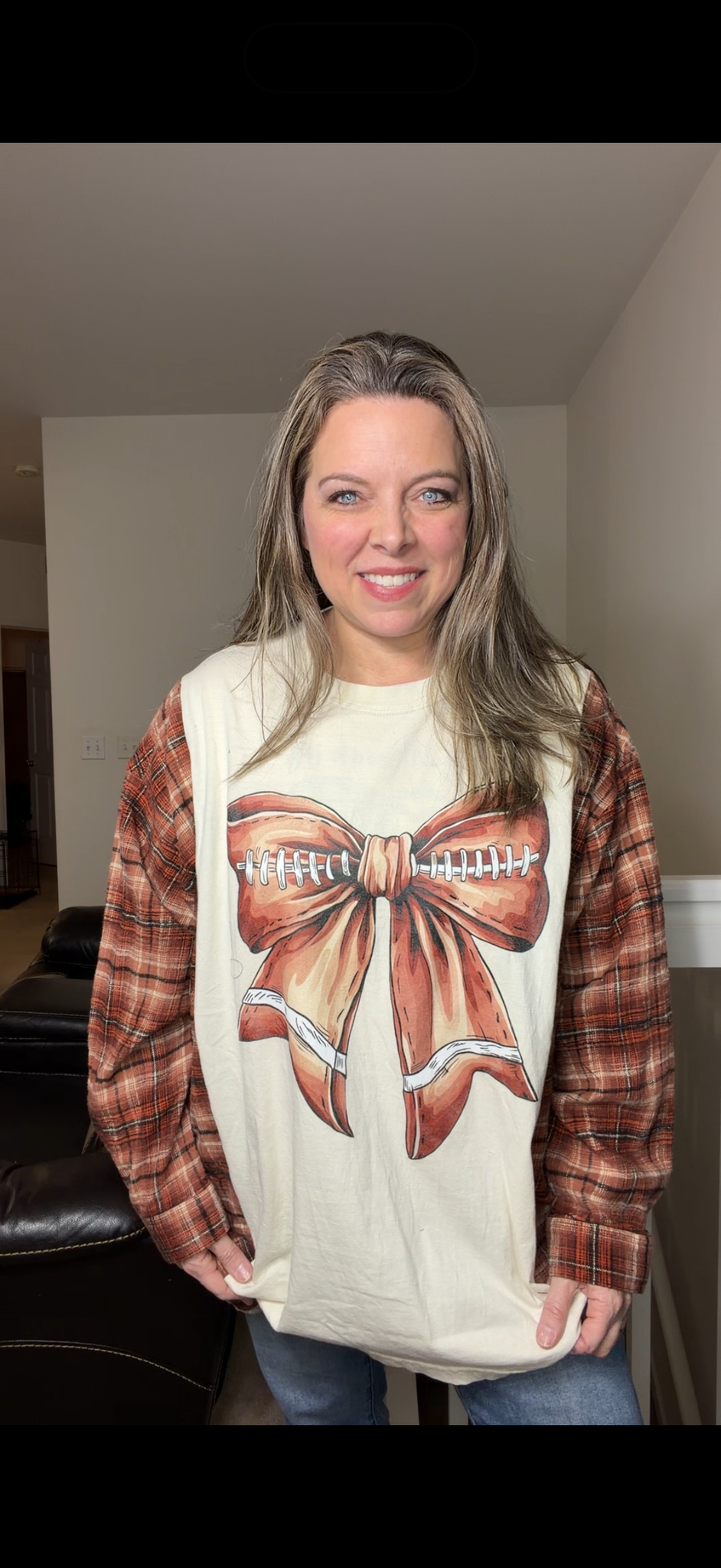 Upcycled Football Bow - women's 4X T-shirt with flannel sleeves