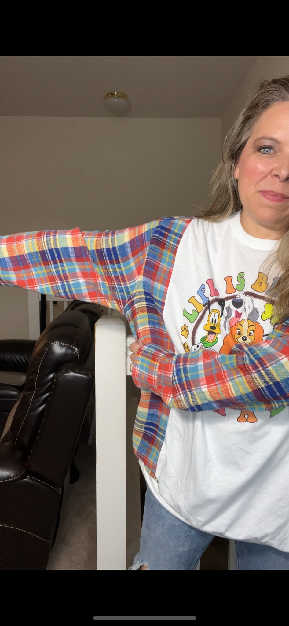 Upcycled Dogs – women’s 3X/4X T-shirt with flannel sleeves