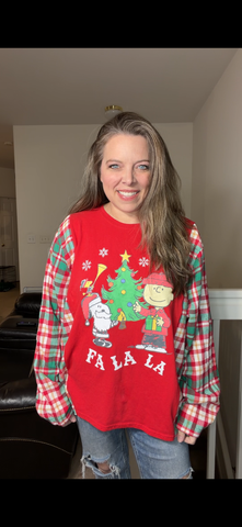 Upcycled Fa La La - women's 2X T-shirt with flannel sleeves ￼