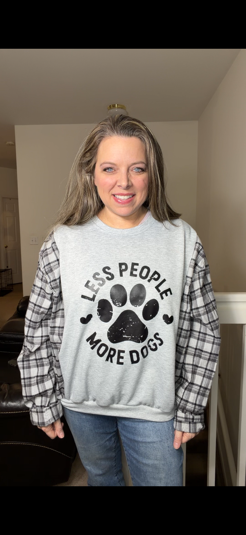 Upcycled More Dogs – women's medium- French Terry sweatshirt with flannel sleeves