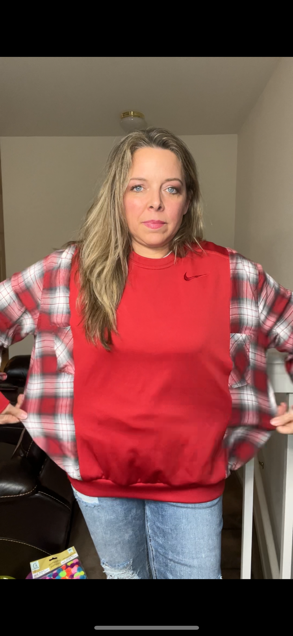 Upcycled Nike Red – women’s large – midweight sweatshirt with flannel sleeves￼