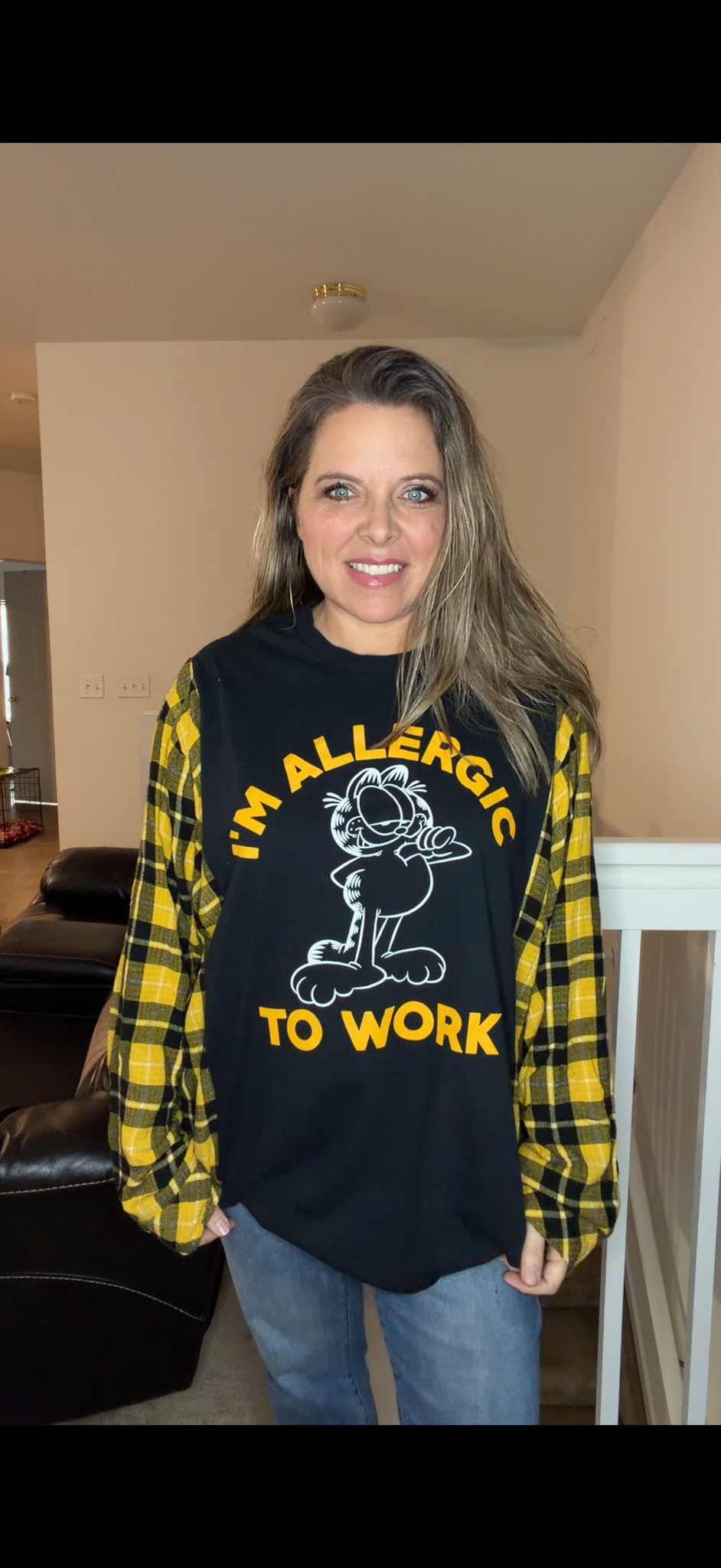 Upcycled Garfield - women's 4X T-shirt with flannel sleeves
