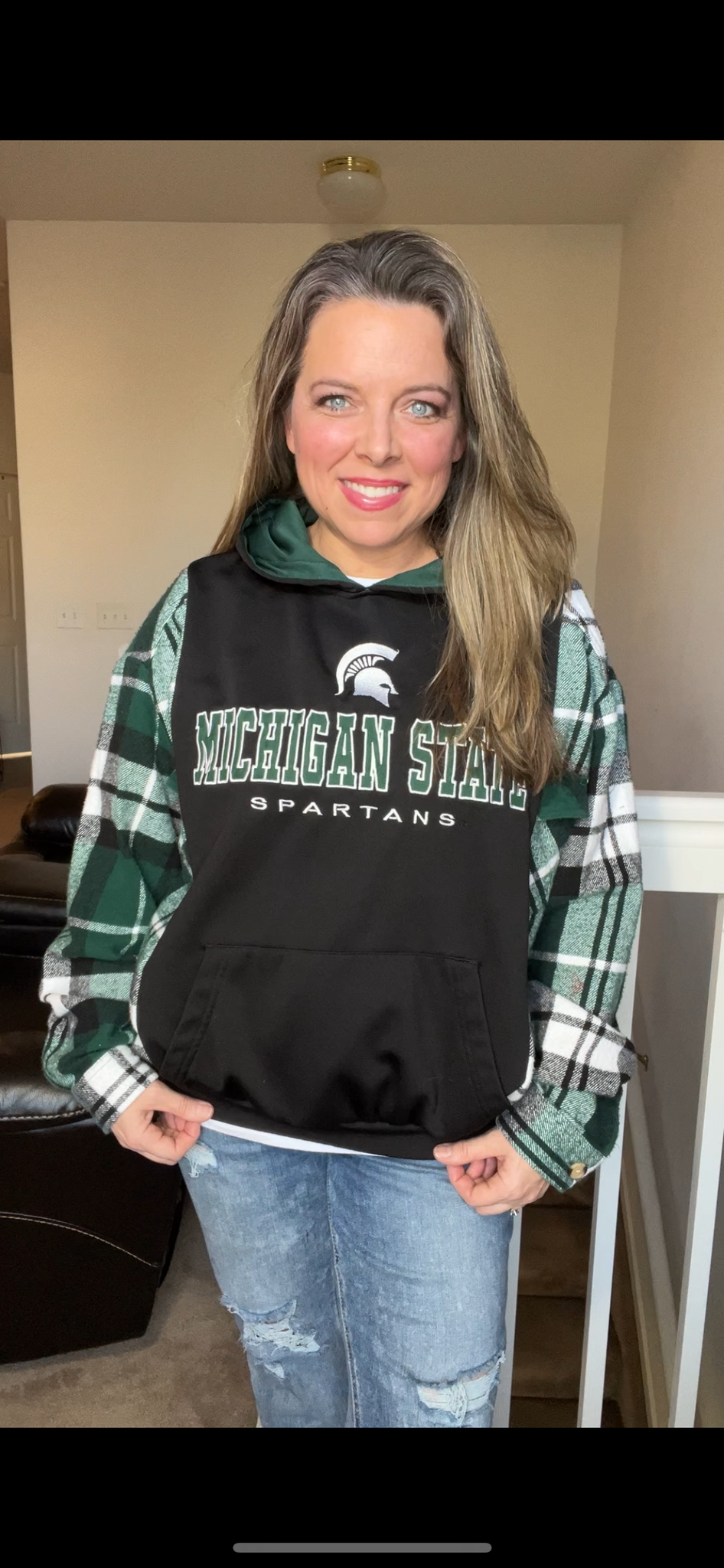 Upcycled MSU - women’s medium – midweight sweatshirt with flannel sleeves￼