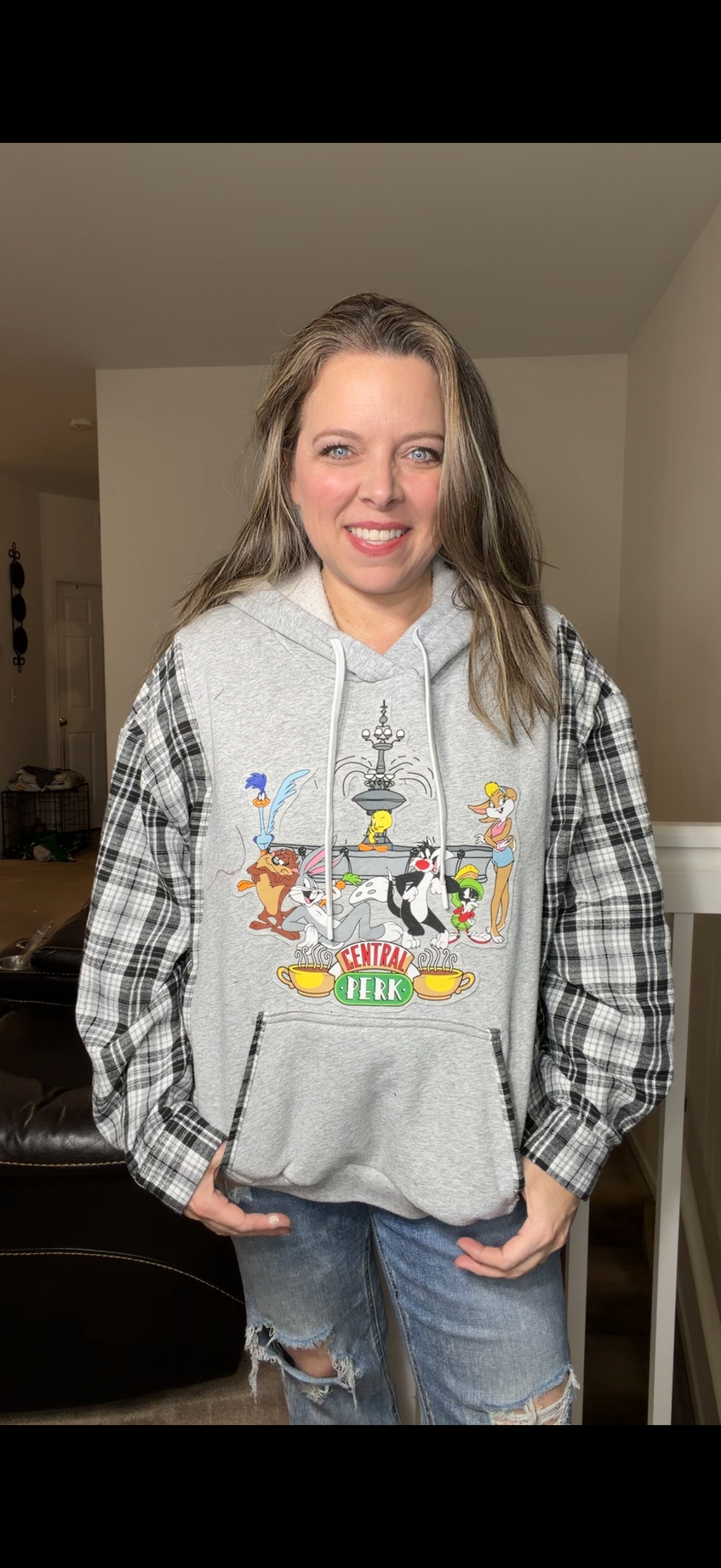 Upcycled Looney/Friends – women's large midweight sweatshirt with flannel sleeves ￼