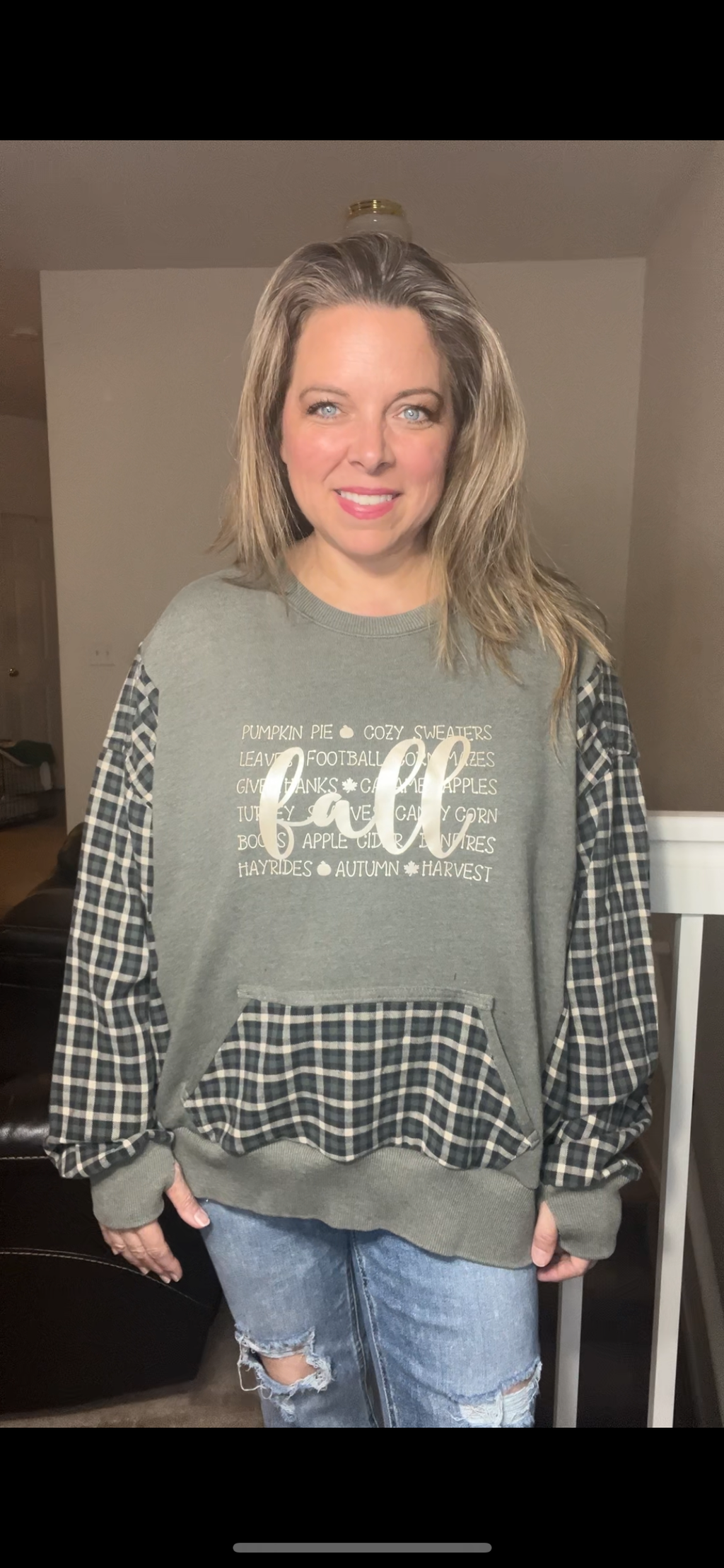 Upcycled Fall – women’s 1X – thin French terry sweatshirt with flannel sleeves￼