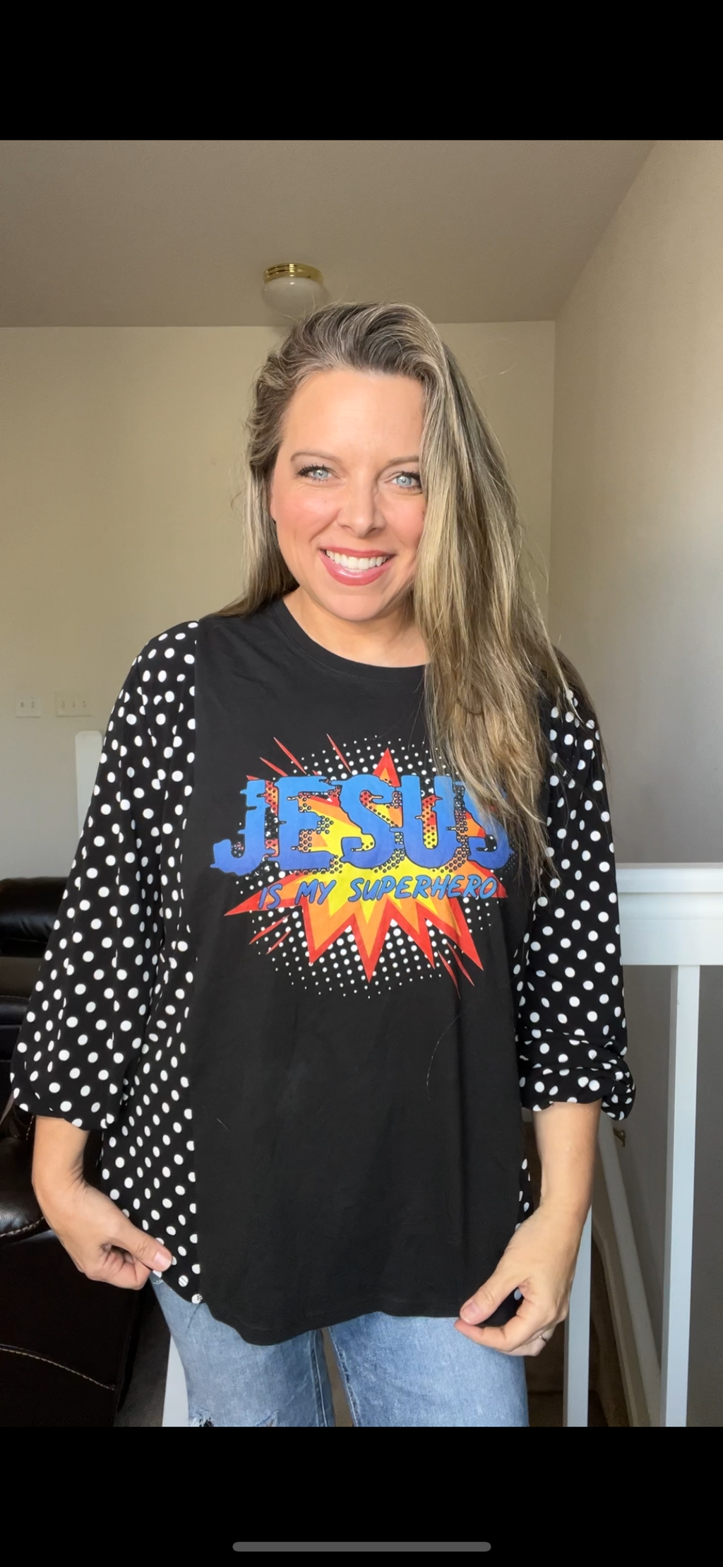 Upcycled Jesus – women’s large T-shirt with stretchy three-quarter sleeves