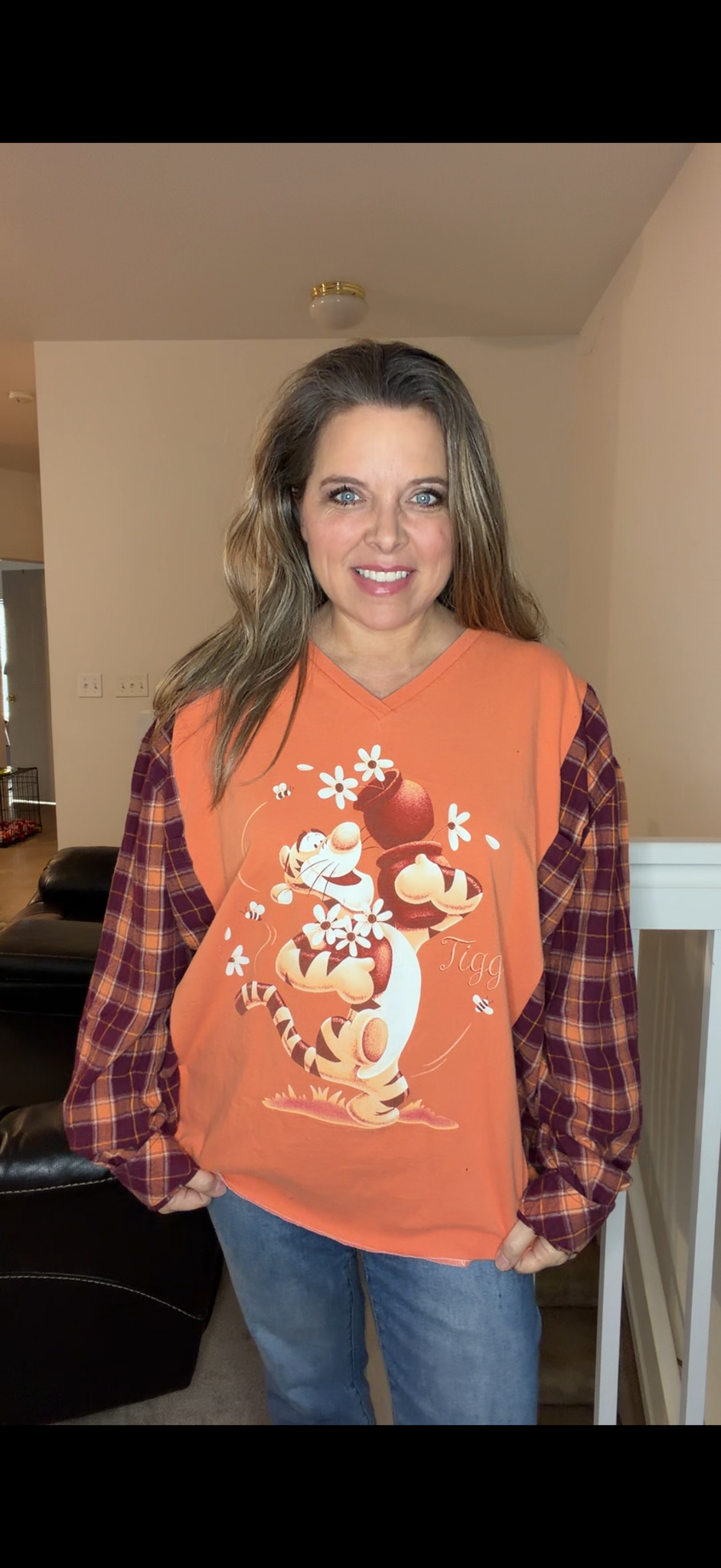 Upcycled Tigger - women's 2X T-shirt with flannel sleeves