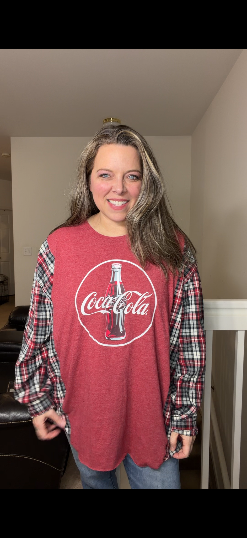 Upcycled Coca Cola - women's 4X T-shirt with flannel sleeves
