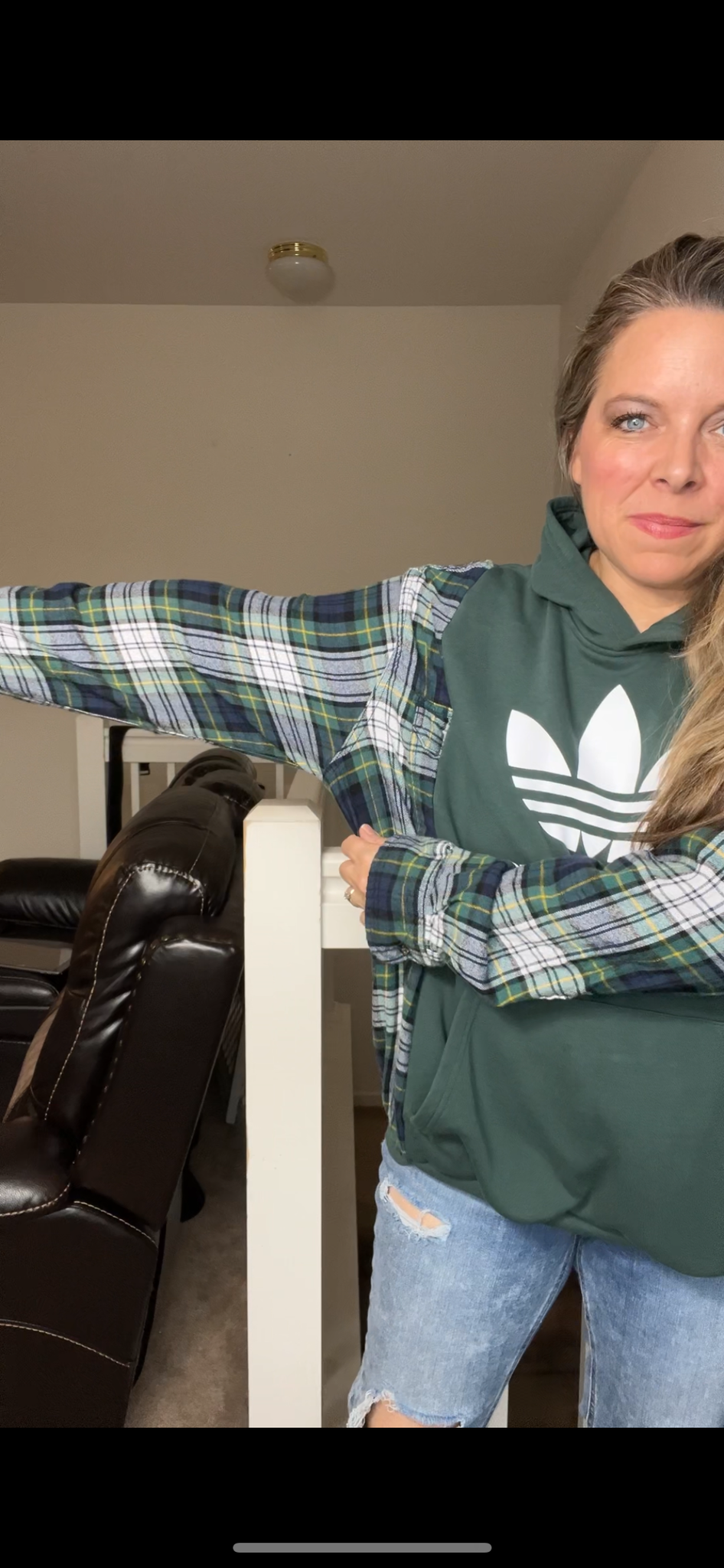 Upcycled Adidas green – women’s XL midweight sweatshirt with flannel sleeves
