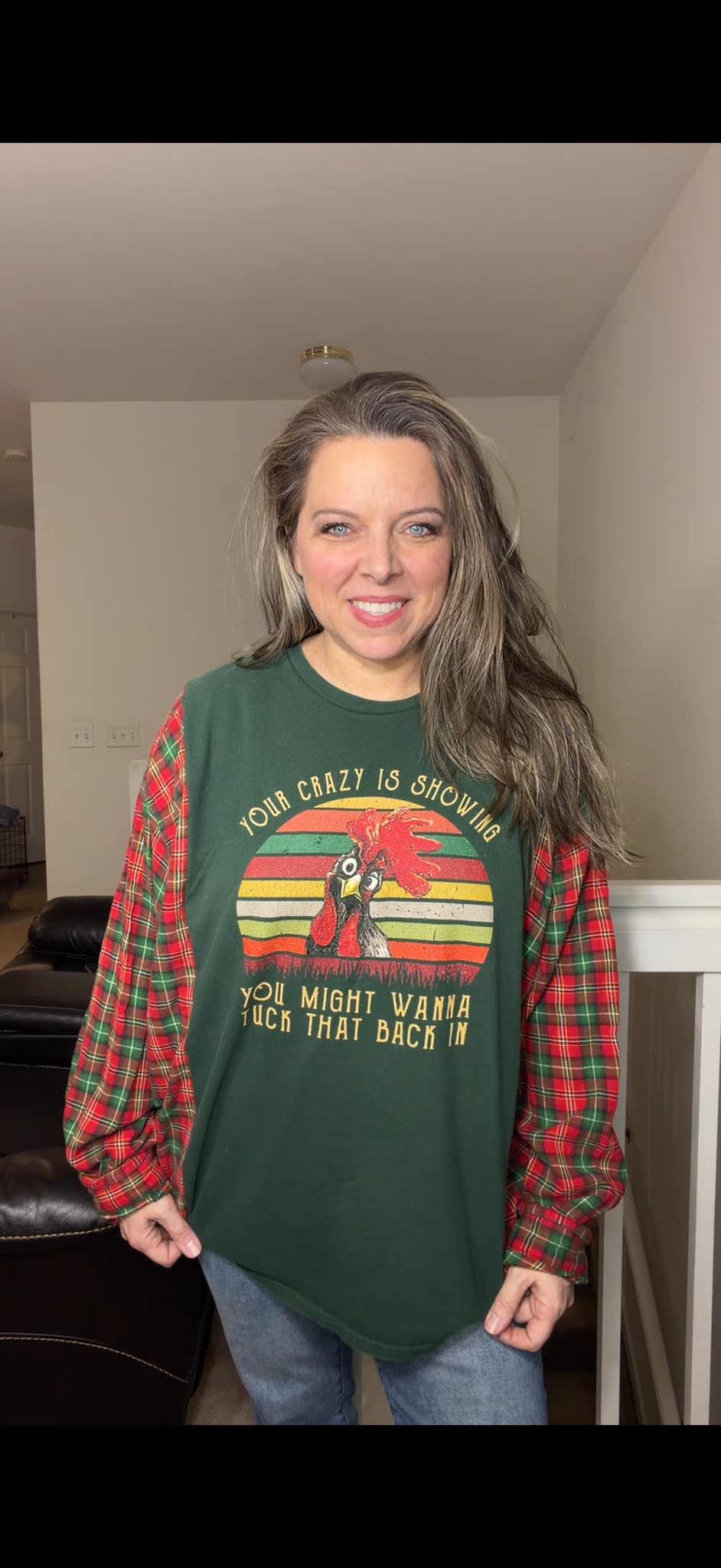 Upcycled Crazy - women's 2X T-shirt with flannel sleeves
