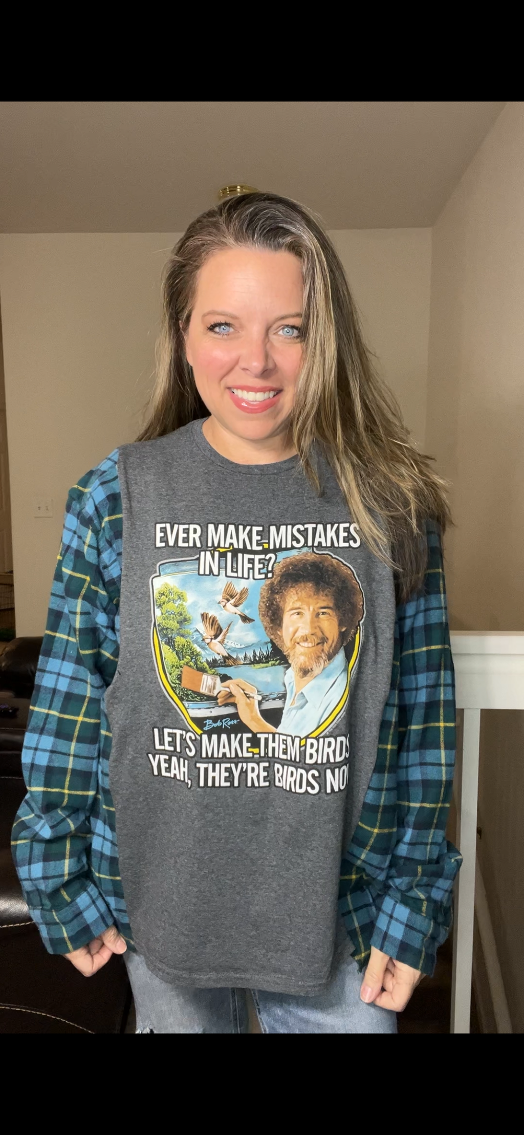 Upcycled Bob Ross – women’s XL T-shirt with flannel sleeves