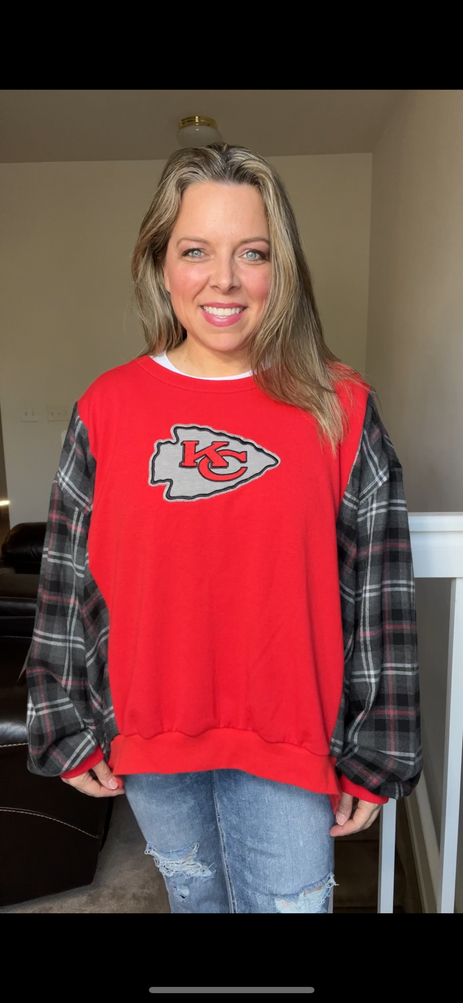 Upcycled Chiefs – women’s XL midweight sweatshirt with flannel sleeves