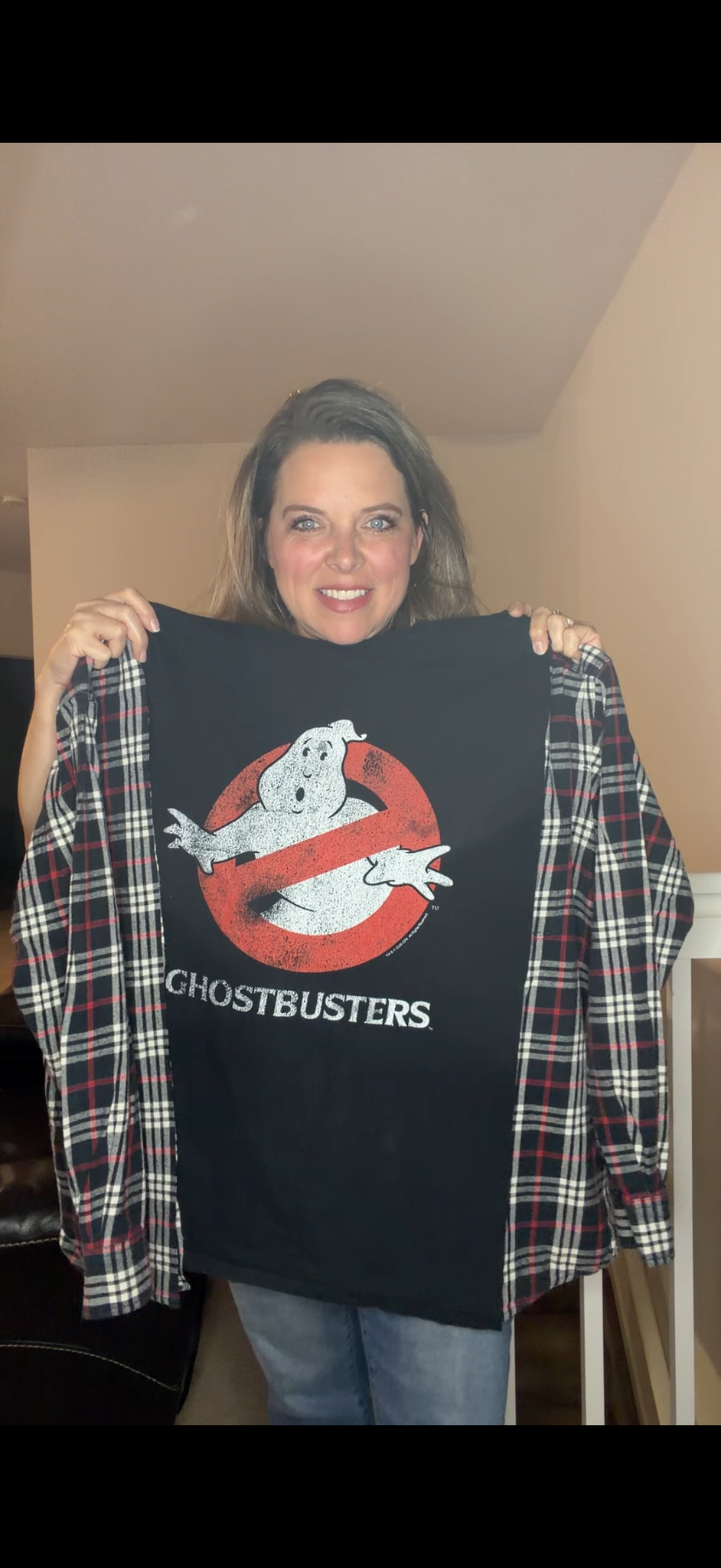 Upcycled Ghostbusters - pick size between women's XS/4X – tshirt with flannel sleeves