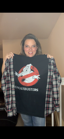 Upcycled Ghostbusters - pick size between women's XS/4X – tshirt with flannel sleeves