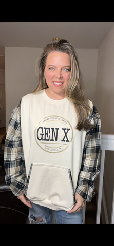 Upcycled Gen X cream – women’s 2X long midweight sweatshirt with flannel sleeves