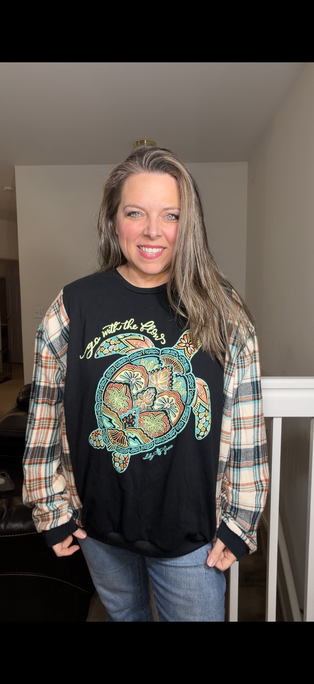 Upcycled Turtle - women's 1X T-shirt with flannel sleeves
