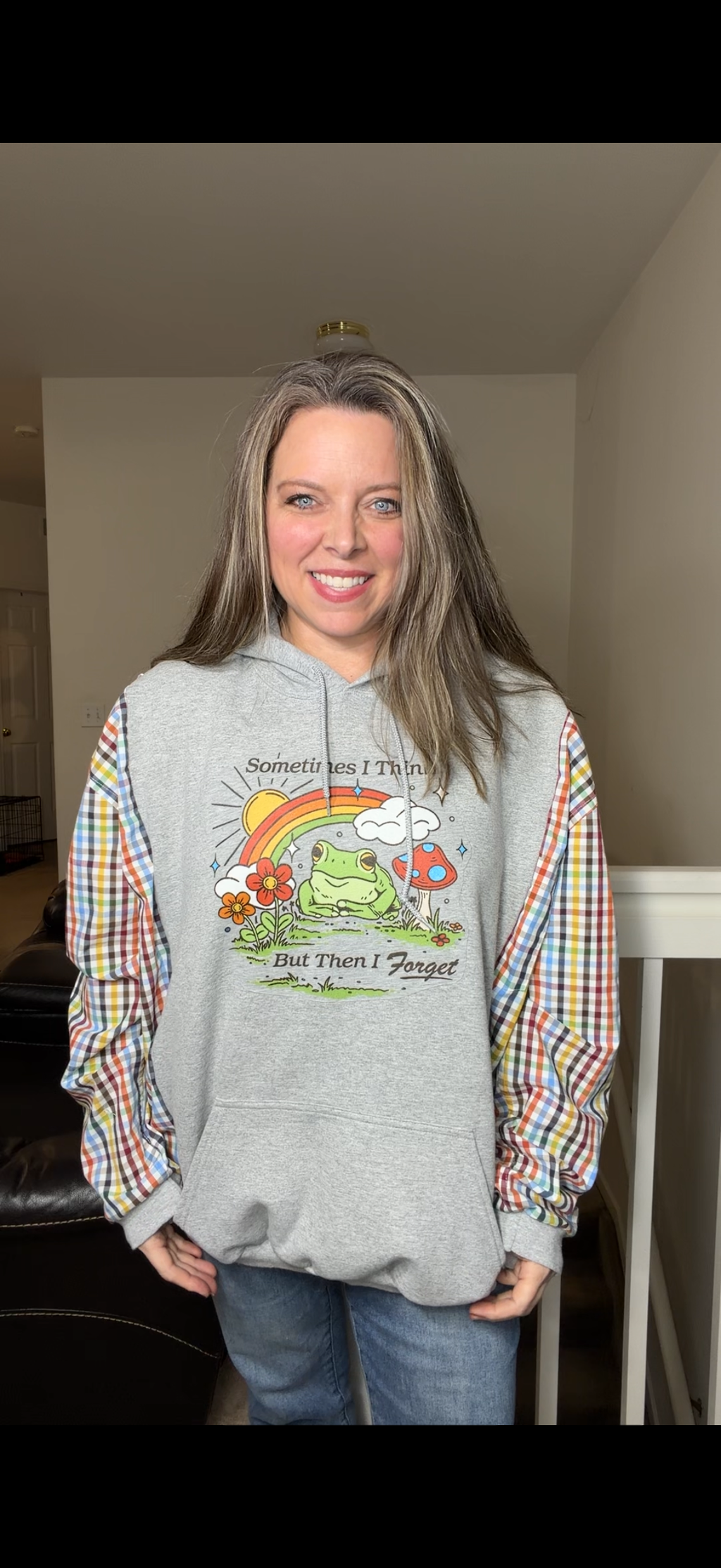 Upcycled Frog - women's 2X midweight sweatshirt with cotton sleeves