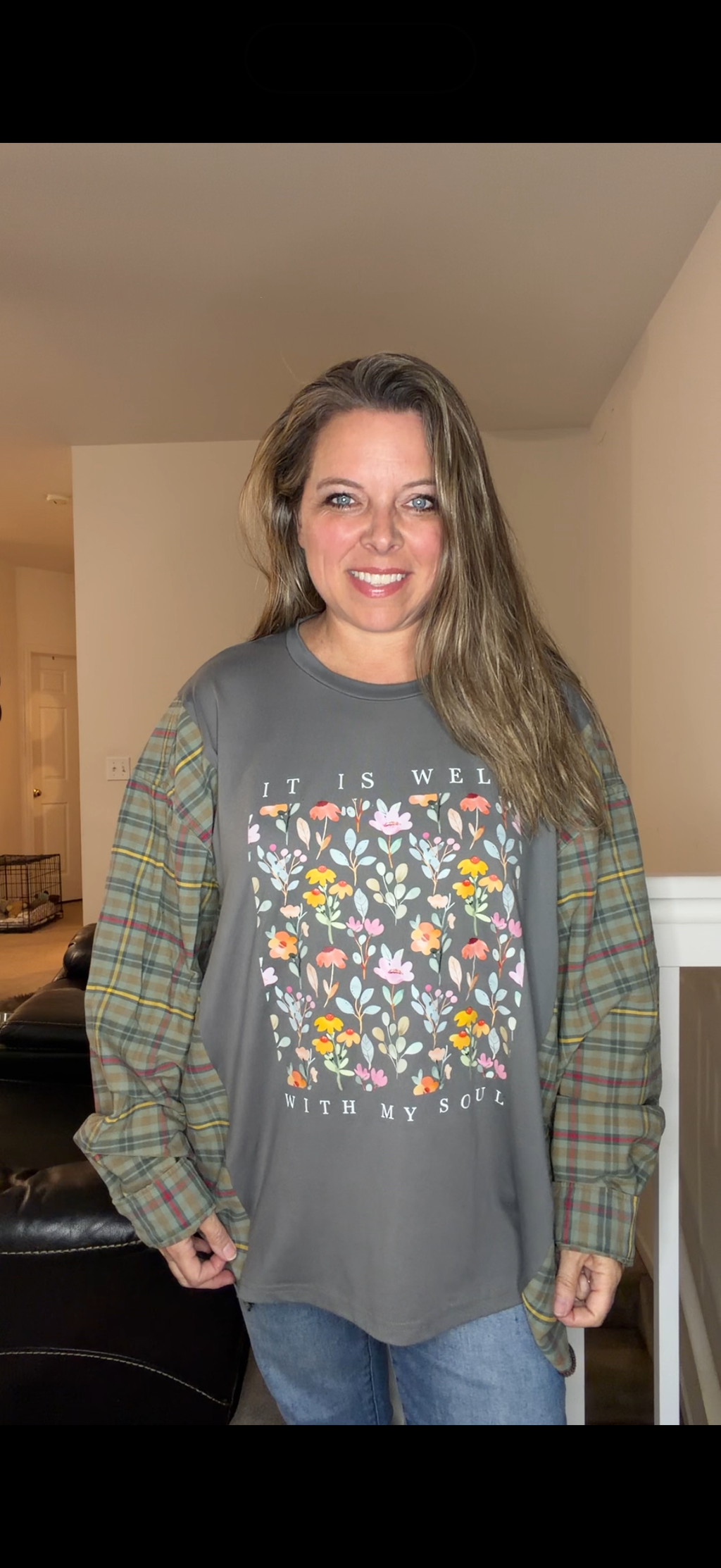 Upcycled Soul - women's 3X/4X T-shirt with flannel sleeves