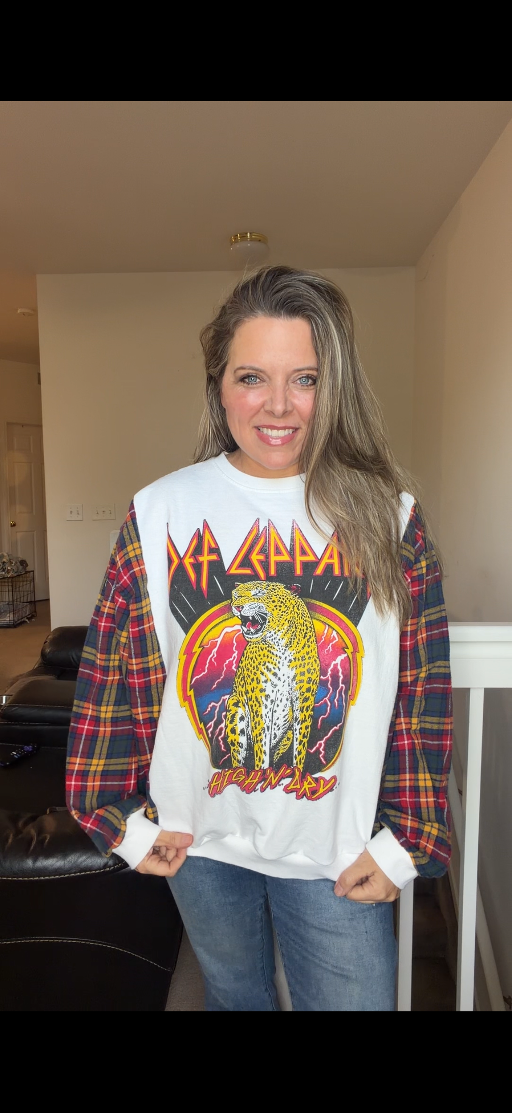 Upcycled Def Leppard - women's medium/large midweight sweatshirt with flannel sleeves