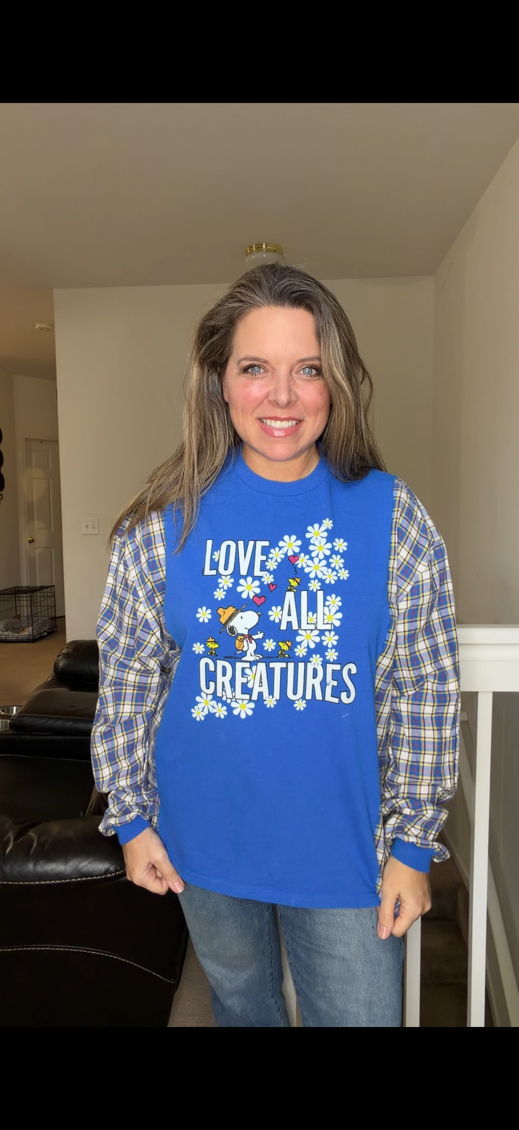 Upcycled Snoopy - women's medium/large T-shirt with cotton sleeves
