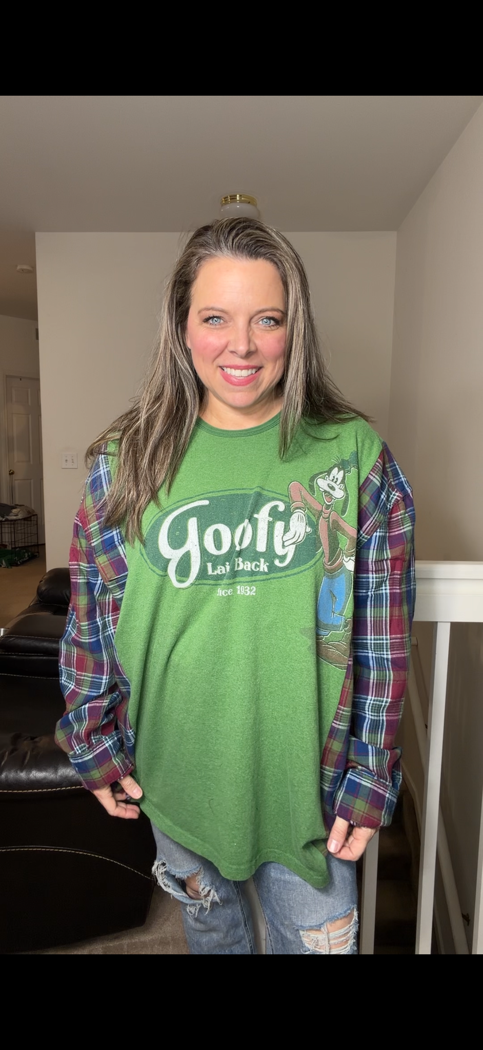 Upcycled Goofy – women's 4X T-shirt with flannel sleeves