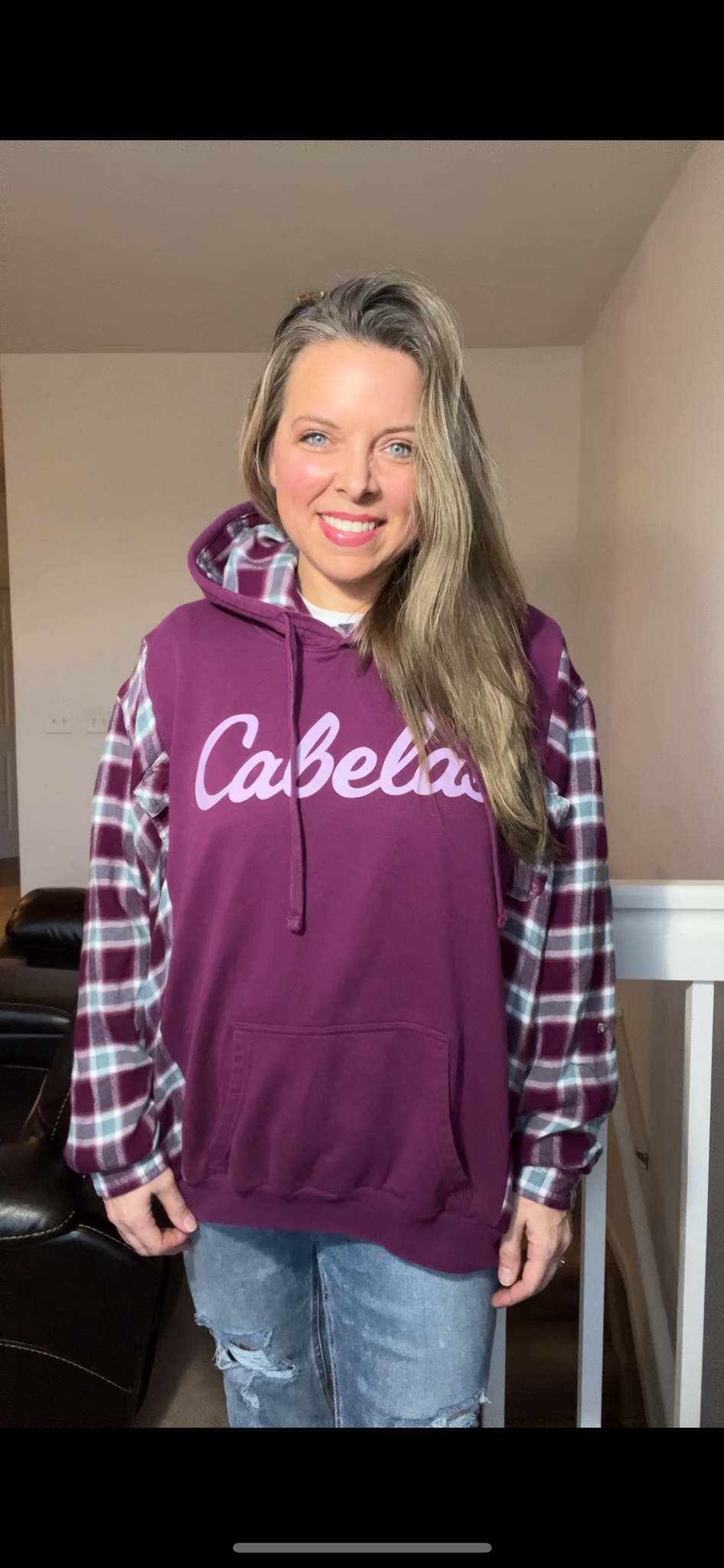 Upcycled Cabela’s – woman’s large – midweight sweatshirt with flannel sleeves ￼